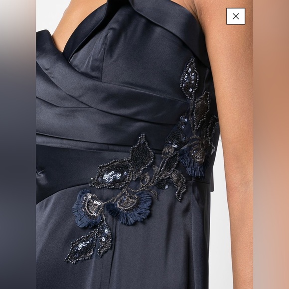 NWT Marchesa Notte Sweetheart Neckline Embroidery Satin Navy Gown - Picture 6 of 17